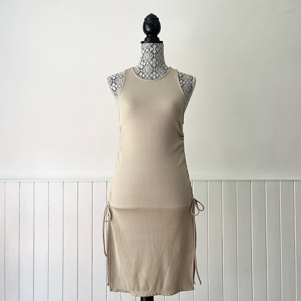 Zara Tan Ribbed Knit Ruched Drawstring Bodycon Dress Size S